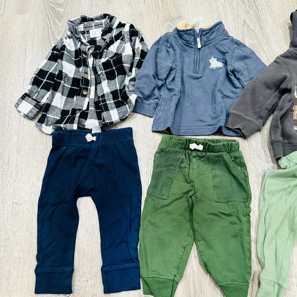 Carter's Okie Dokie Baby Boy 6 Piece Outfit Bundle Plaid Hoodie Pants 9M